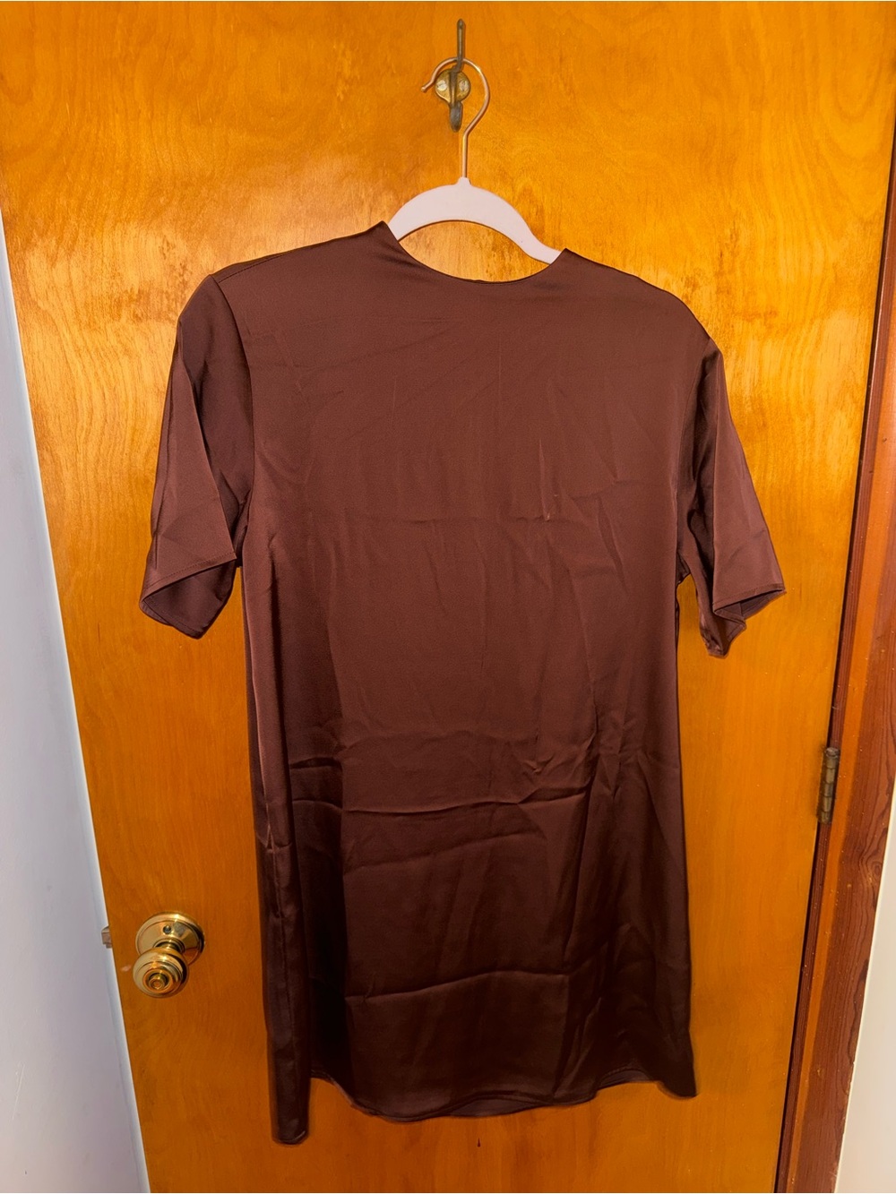 Brown Short-Sleeve Satin Dress